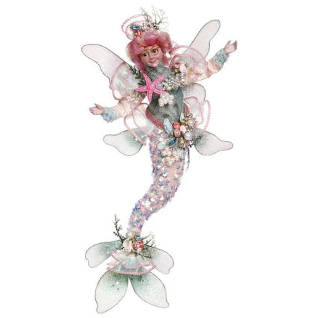 fairy with pink hair, pink and blue sparkly mermaid tail.
