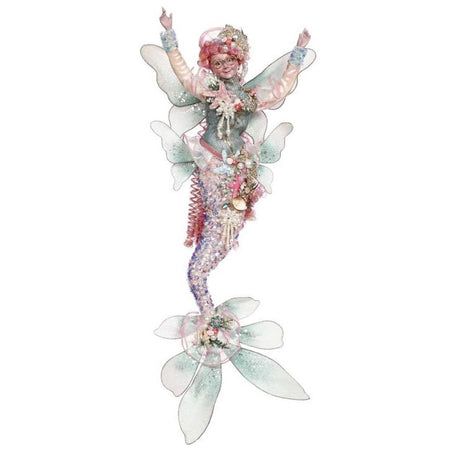 Mermaid with fairy wings and long pink curly hair. Her tail is sequin pink and purple