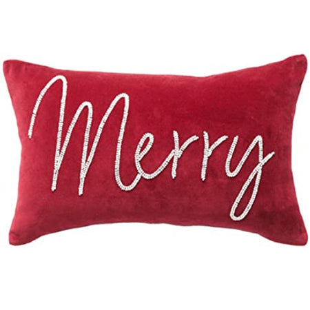 Red velvet throw pillow, rectangle shape. Merry is spelled out with sequins.