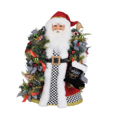 santa wearing long checkered print robe, red santa hat, with garland around his shoulders.