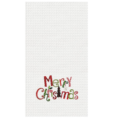 white waffle weave hand towel with the words Merry Christmas embroidered in festive red white and green.