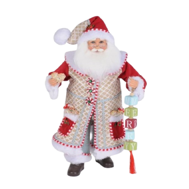 Santa Claus figurine in red and tan jacket with candy accents. 