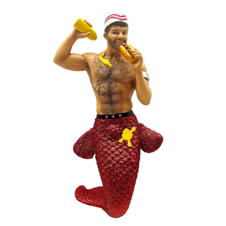merman with red tail, wearing vintage inspired diner hat, eating a hot dog, with mustard.