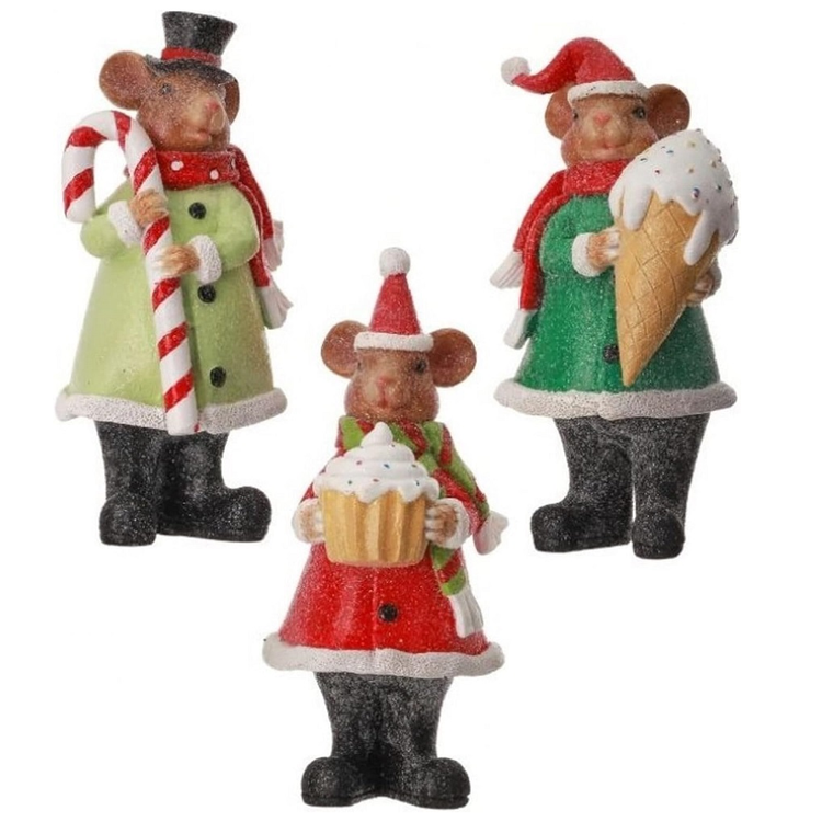 Three Christmas-themed mouse figurines holding candy, ice cream, and a cupcake on a white background.