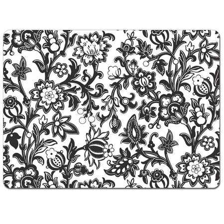 white rectangular hard board placemats with a black floral design.