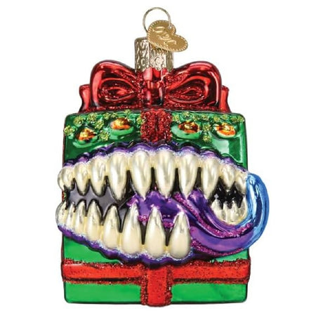 Blown glass dungeons and dragons ornament, holiday themed mimic