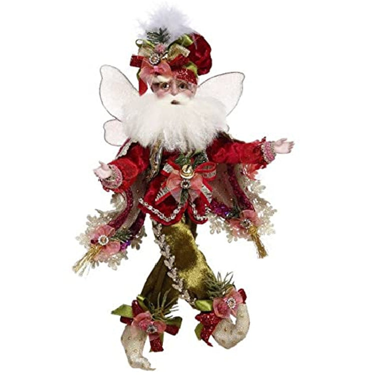fairy figure with white beard and wing. He is wearing green pants, white booties and a red jacket. Lots of bow and beads