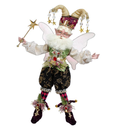 Bearded fairy wearing black pants, and a purple and gold jester hat with star adornments, also holding a wand with a star.