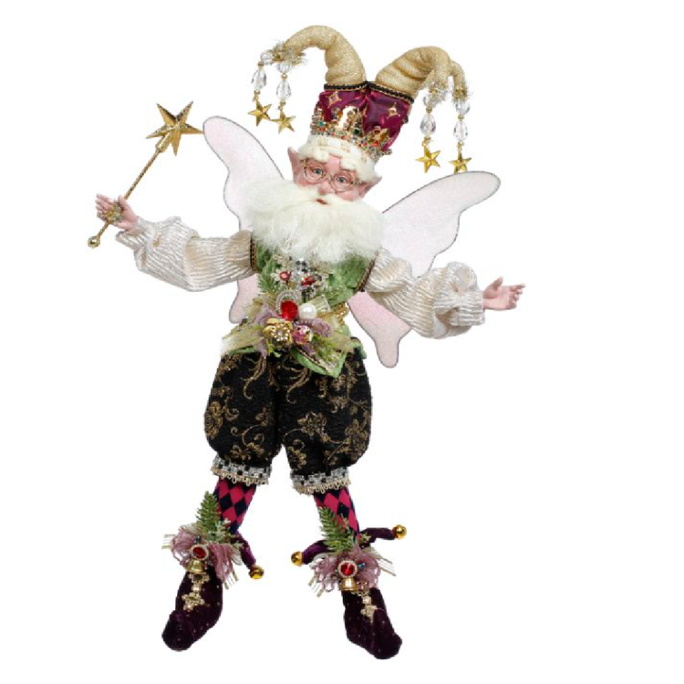 Bearded fairy wearing black pants, and a purple and gold jester hat with star adornments, also holding a wand with a star.