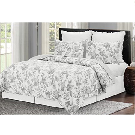 bed made with this Miriam quilt in slate grey floral toile print and 2 matching shams.