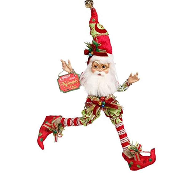 Elf figurine looks like he is walking. Dressed in red from boots to pointy hat and he carries a sign that says Always on the Naughty List