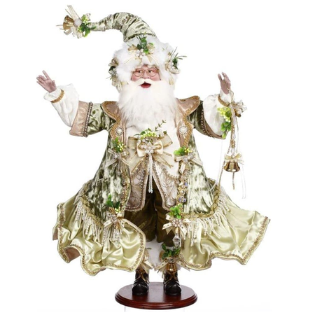 santa in gold and green suit and matching velvet stocking cap, all adorned with sprigs of mistletoe.