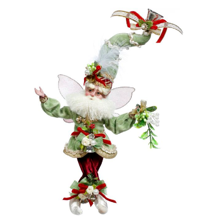 bearded fairy wearing light green outfit and stocking cap. holding a mistletoe sprig.