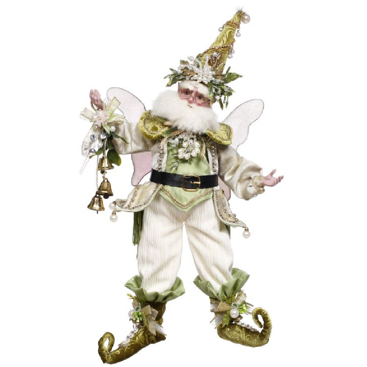 Decorative fairy figure with green hat and white beard on a white background
