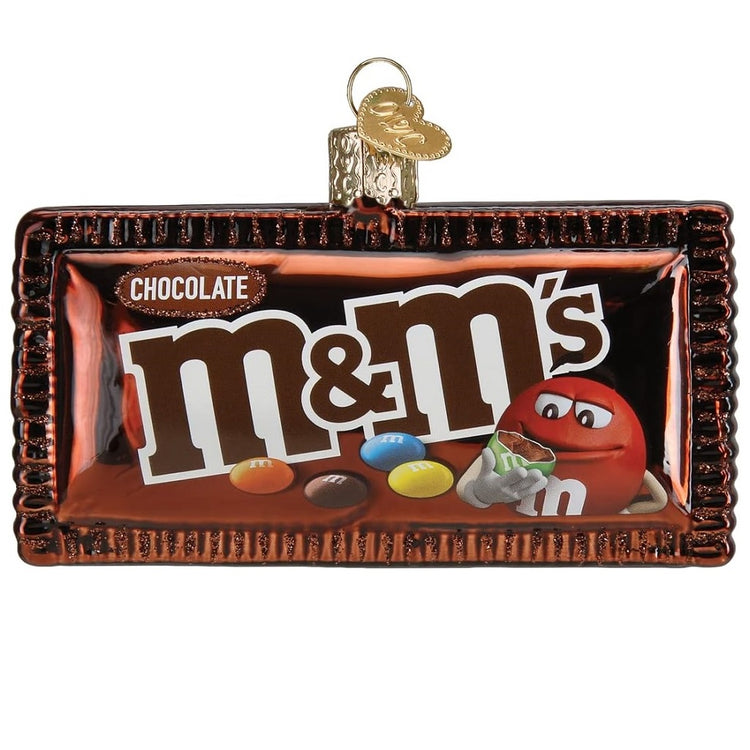 blown glass ornament depicting a package of milk chocolate m&m's