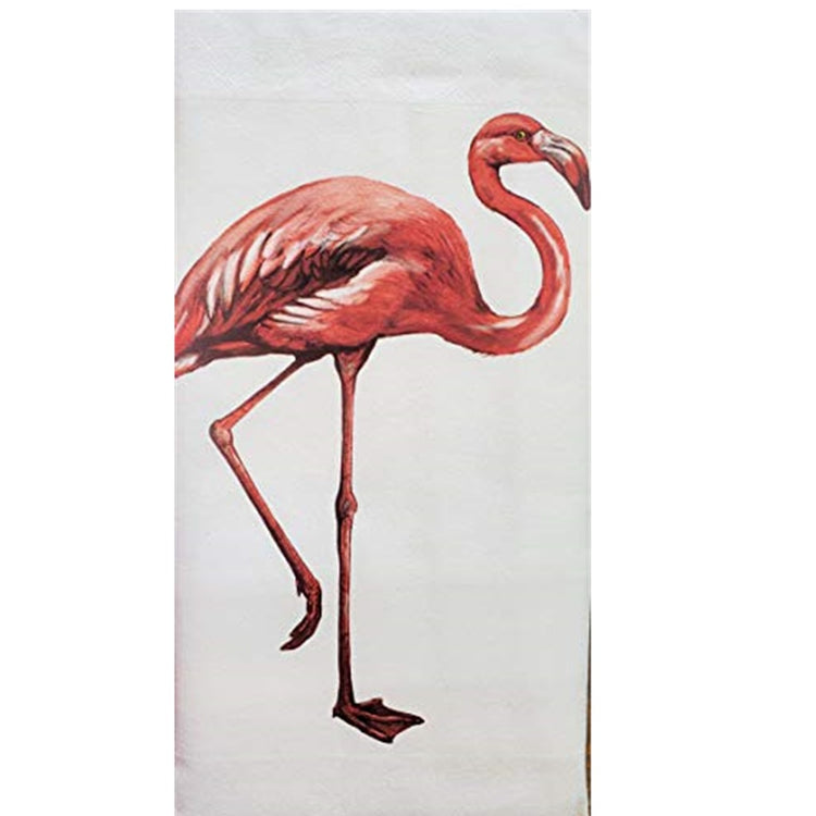 Folded white kitchen towel with a pink flamingo standing on one foot design.