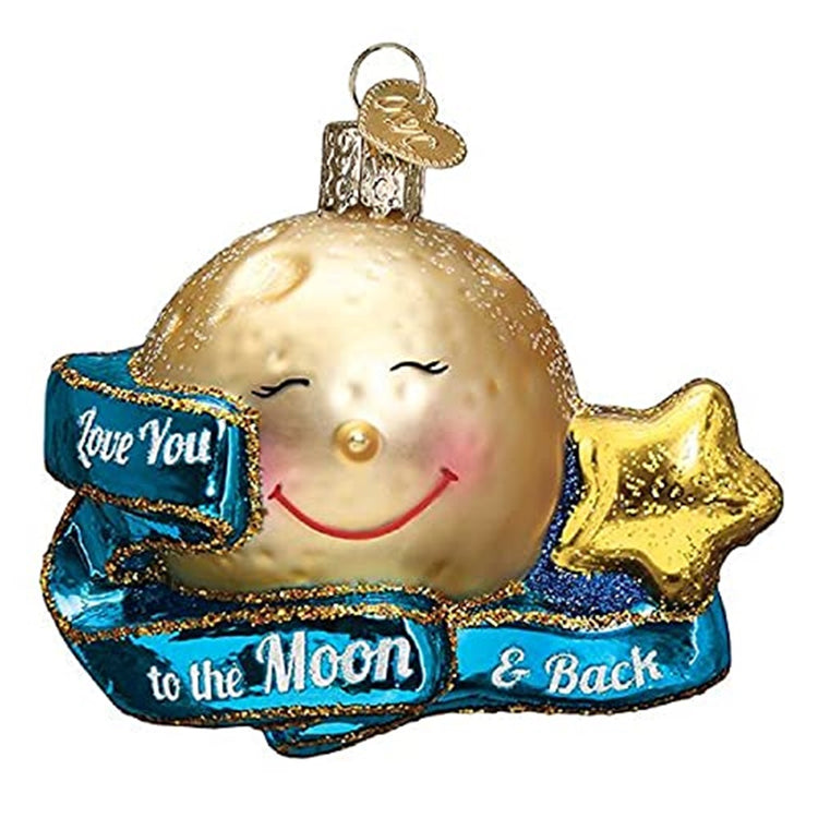 Ornament shaped like the moon with a painted face, gold star and blue ribbon that says Love you to the Moon & back. Glitter finish