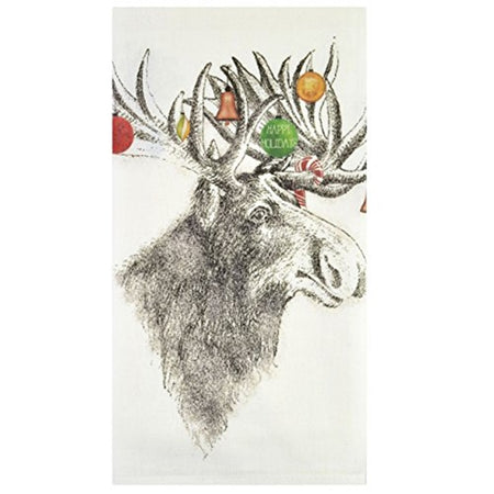 White kitchen towel with a moose with ornaments in his antlers