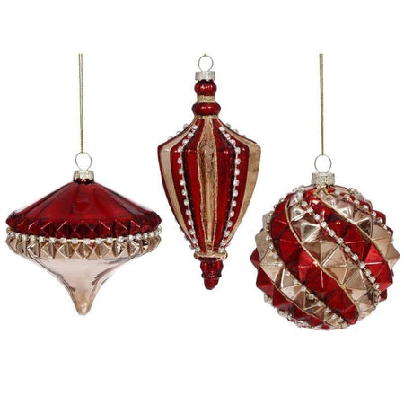 3 blown glass hanging ornaments, red and gold with silver rhinestone accents.