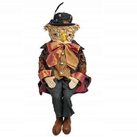 Owl face figure wearing a black suit with orange jacket and bow time. Black hat with feather in it.