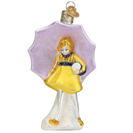 blown glass hanging ornament of the iconic Morton Salt Girl with her umbrella.