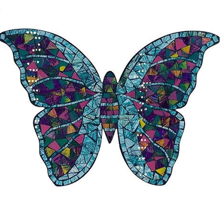 butterfly shaped wall plaque is a mosaic with glass pieces in blue, purple, pink, and green. 