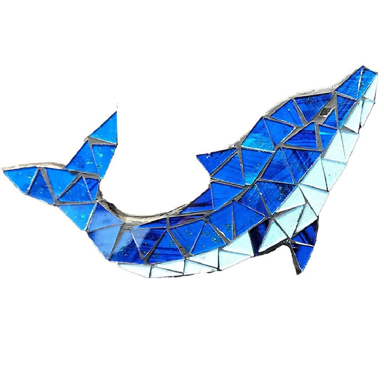 Blue mosaic dolphin wall plaque with glass pieces in shades of blue