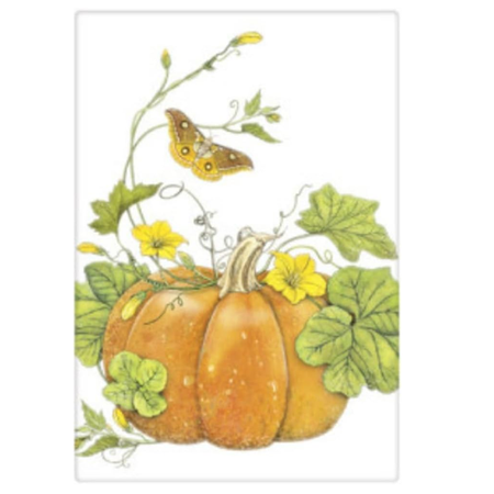 Decorative design with pumpkins, leaves, and a moth on a white background