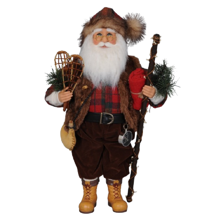 collectible santa figurine dressed in flannel, a fur vest and hiking boots.