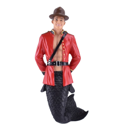 merman ornament dressed as a Mountie, with black tail