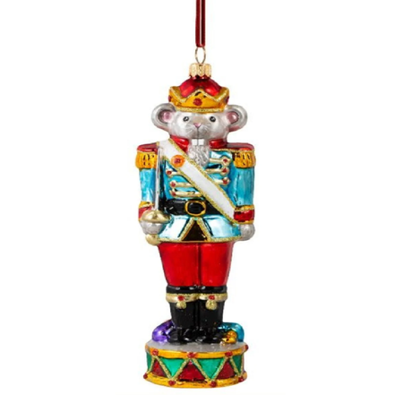 A colorful nutcracker soldier Christmas ornament featuring a gray bear dressed in a blue, red, and gold military uniform with a red crown and a hanging ribbon at the top, shown against a plain white background.