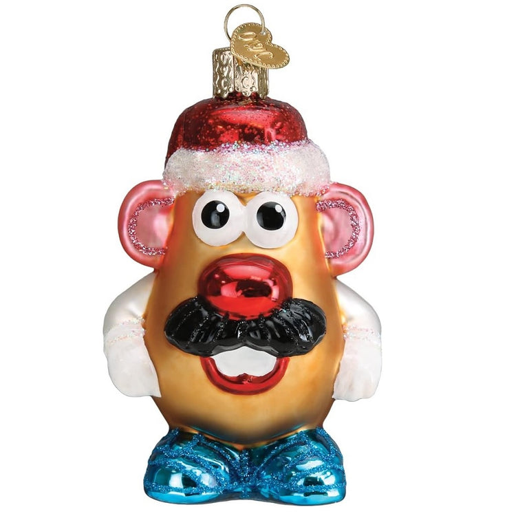 Blown glass Mr. Potato Head ornament wearing a Santa hat.