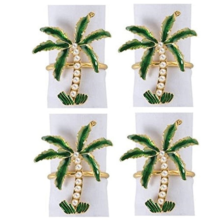 4 duplicate napkin rings shaped like palm trees in green with pearl like bead accent.