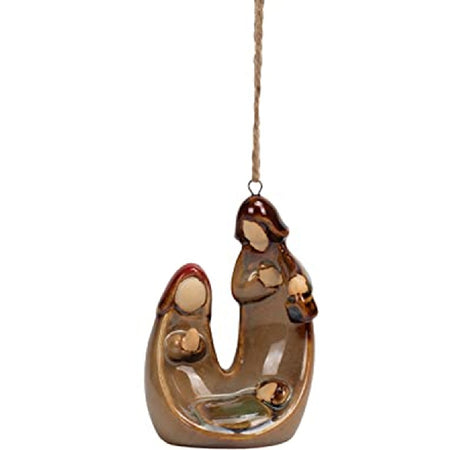 glazed ornament the a U shape, Mary on the left and Joseph on the right both looking over baby Jesus