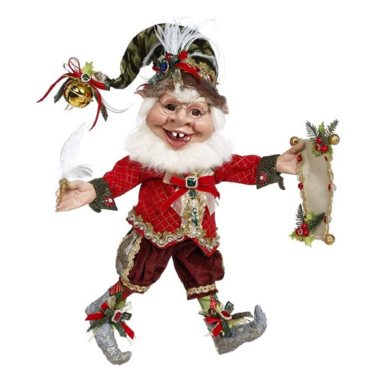 Decorative Christmas elf figurine with red outfit and white beard holding a naughty list.