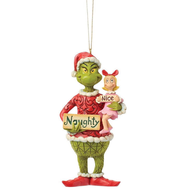 A Grinch-themed Christmas ornament featuring the Grinch in a red Santa hat and red sweater holding a sign that says 'Naughty,' with a small girl in a pink dress holding a sign that says 'Nice.' 