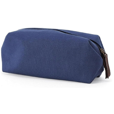 navy blue canvas travel toiletries case.