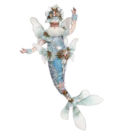 bearded merman with fairy wings. His tail is blue and adorned with starfish and beads. He's wearing a grown of beads, shells and starfish.