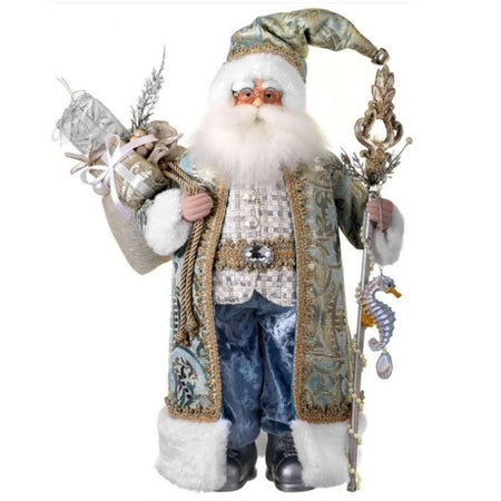 Regency International 21-inch Metallic Neptune Santa figurine in aqua with intricate detailing and elegant holiday design