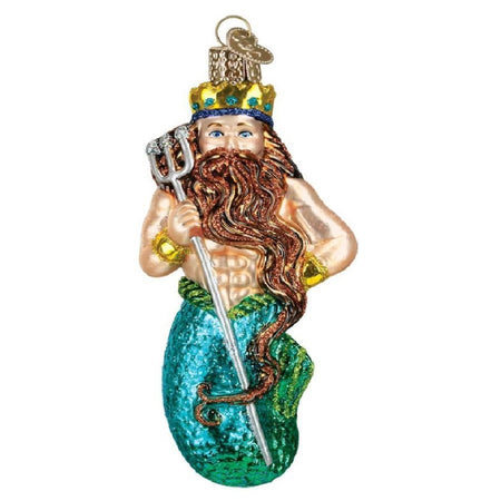 King Neptune ornament on left. Top right green gift box, text "Old World Christmas". Bottom right is gold  S style hook