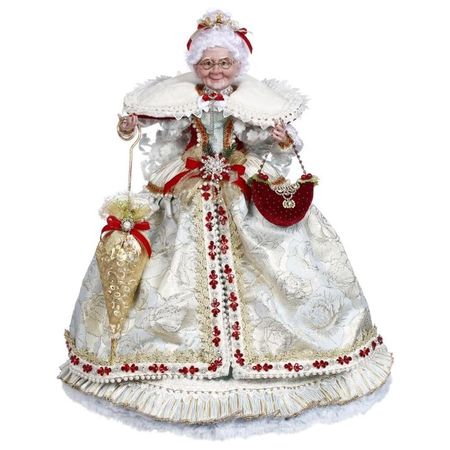 Decorative figure of Mrs. Claus in a white and red dress with a white background