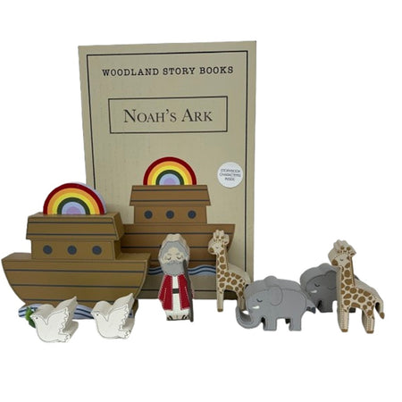 Bookshelf type book with text:  Woodland Story Books Noh's Ark.  8 Pieces that dipict the story: Ark, 2 Doves, Noah, 2 Giraffes and 2 Elephants