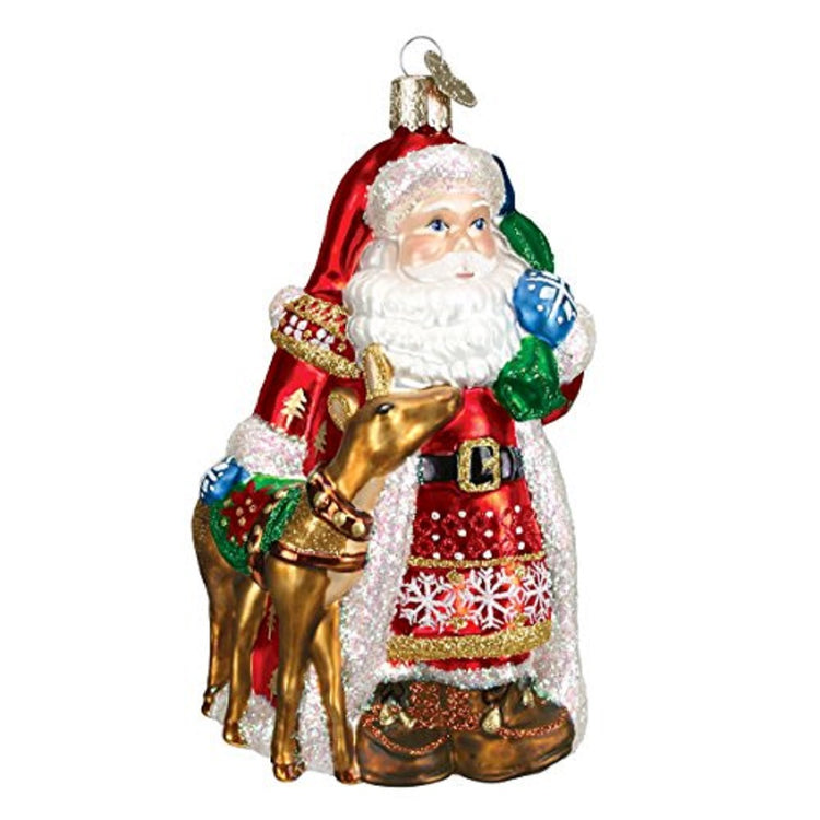 Santa shaped Christmas ornament wearing red coat with white trim and matching hat.  He is standing with a reindeer.