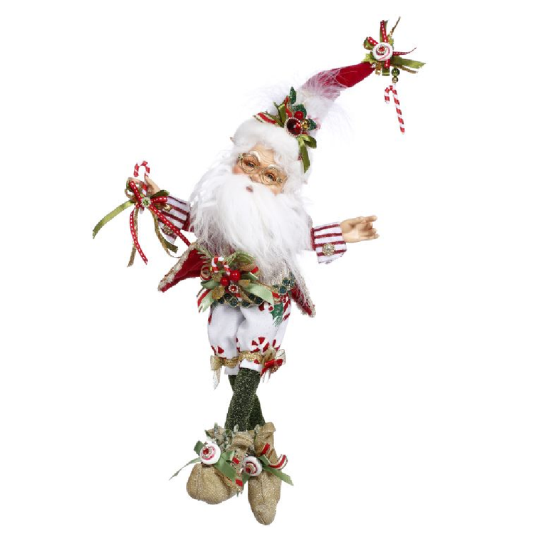 bearded elf in red & white striped jacket, white pants with peppermint design, holding a candy cane, his stocking cap also has a candy cane adornment.