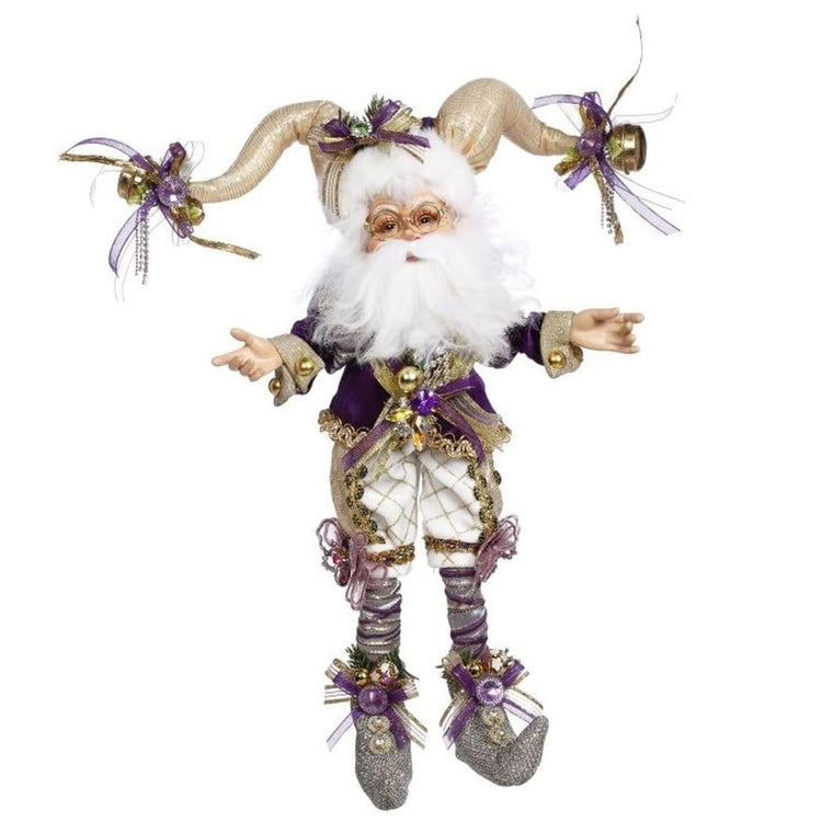 bearded elf wearing gold and purple suit and a gold jester hat with purple ribbons.