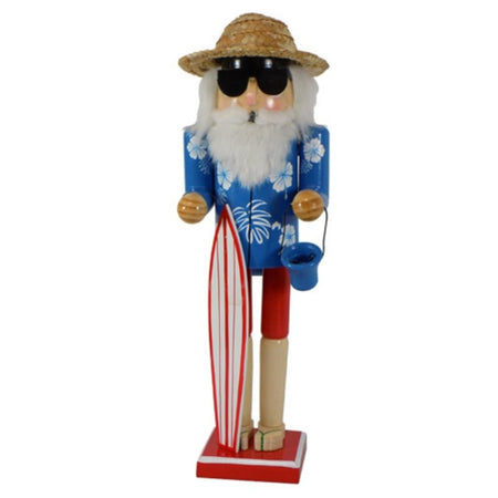 Nutcracker dressed in a Hawaiian shirt, straw hat and has a surfboard