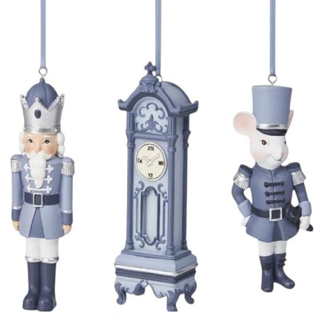December Diamonds Nutcracker Suite resin ornament set with Nutcracker, Grandfather Clock, and Mouse Soldier