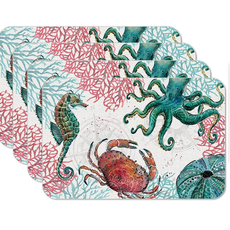 CounterArt Ocean Finds reversible plastic placemats by Daphne B., set of 4, seahorse, octopus, red crab, sea urchin designs