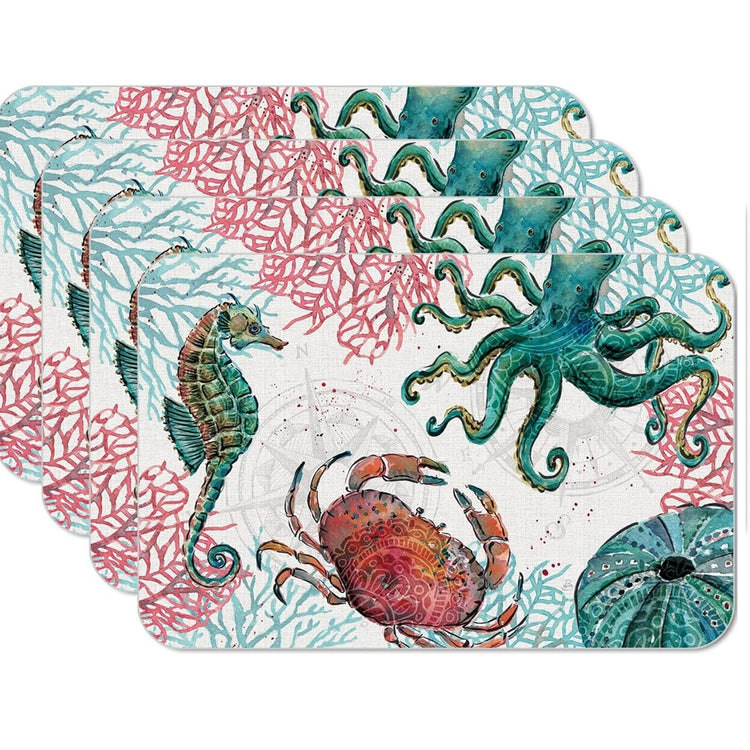 CounterArt Ocean Finds reversible plastic placemats by Daphne B., set of 4, seahorse, octopus, red crab, sea urchin designs