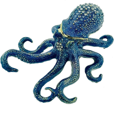 Octopus shaped jeweled box in blue with tan accents and is partially encrusted with clear crystals.